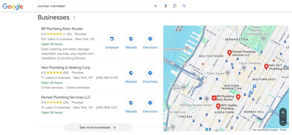 Screenshot of the Google Business Profile search results when searching for a local plumber.