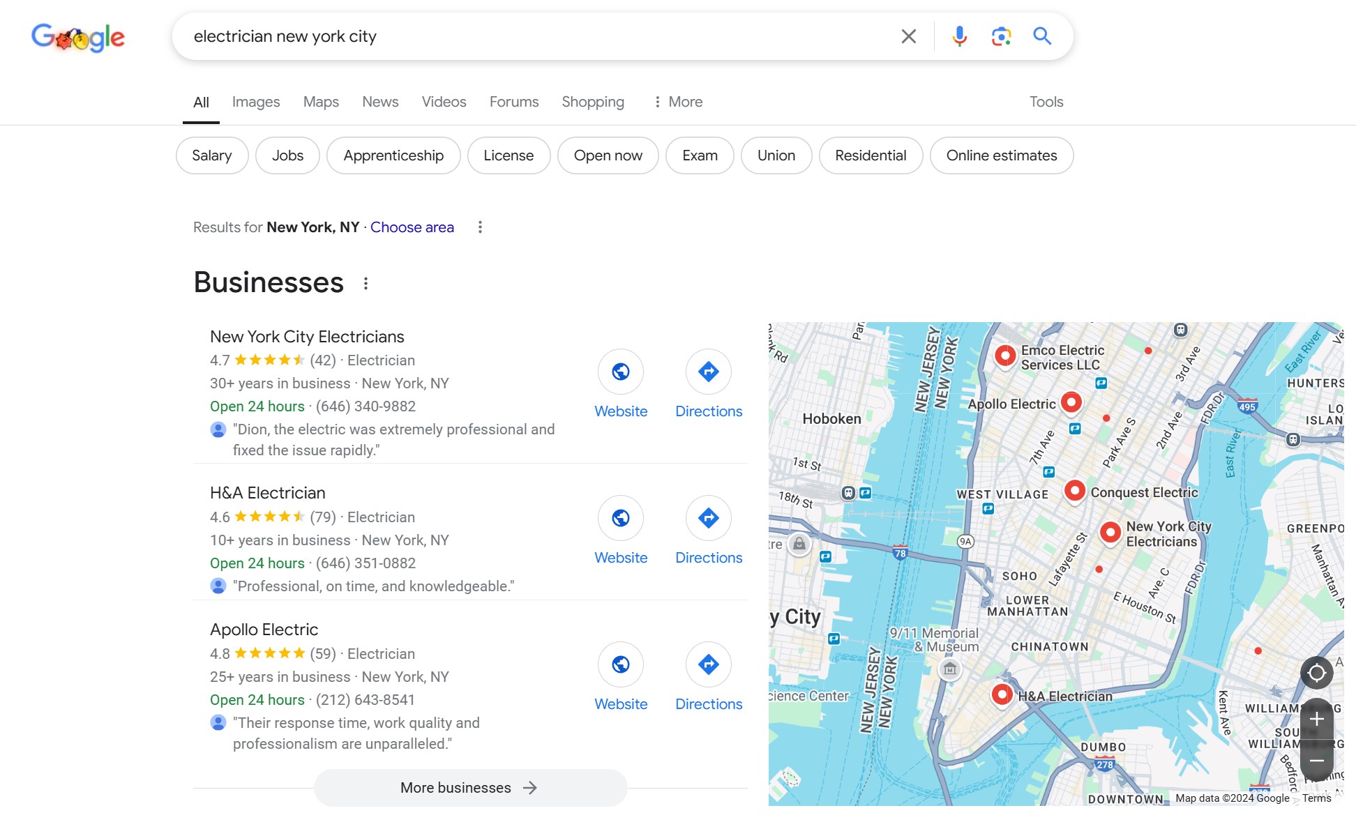 Local search results in Google with Google Business Profiles featured prominently.