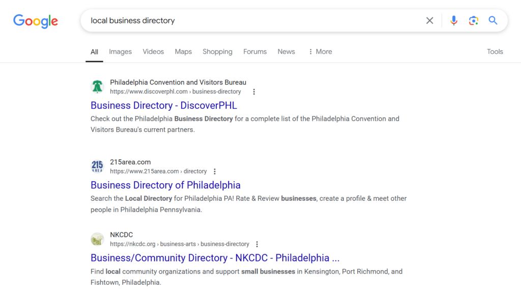 The search results for "local business directory" in Google.